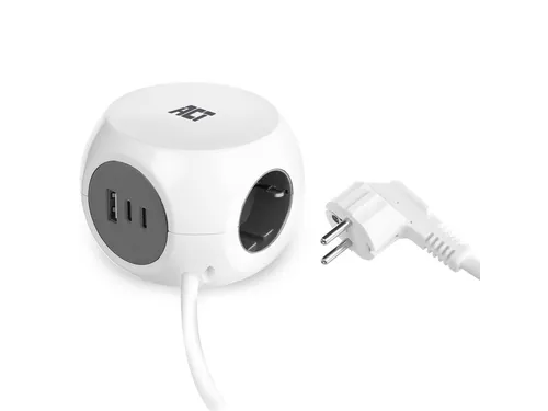 Stekkerblok ACT 3 voudig inclusief 2x USB C en A 1.5 meter wit/grijs
