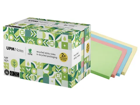 Sticky notes UPM recycled 125x75mm pastel assorti blok 100 vel, doos 8