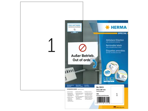 HERMA 10315 Verwijderbare etiketten A4 210x297mm Wit 100 stuks