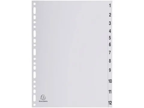 tabbladen numeriek voor A4 uit PP grijs 12 tabs