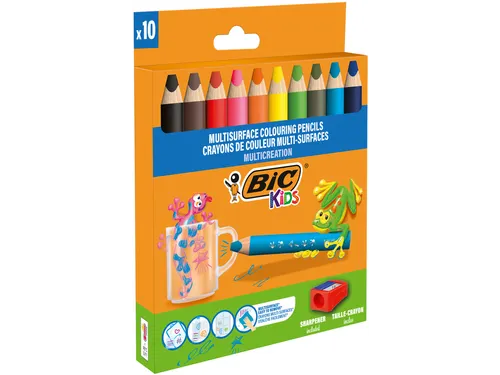 Kleurpotloden BicKids Multi Surface + puntenslijper assorti 10 stuks