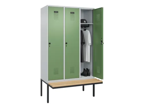 locker met bank,HxBxD 2120x1200x815mm,3vak,vak B 400mm,draaigrendel