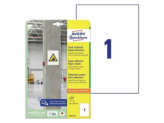 Avery Zweckform L7877 Sterk klevende etiketten A4 210x297mm 20 stuks