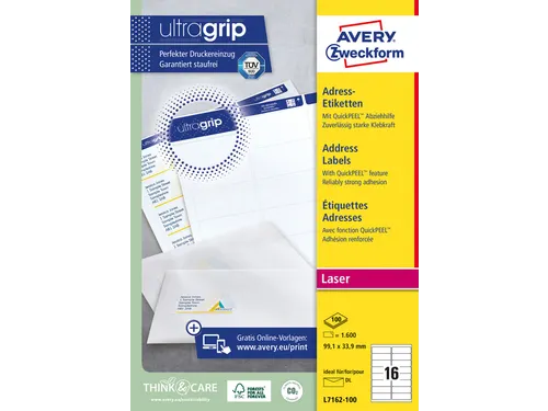 Adresetiket Avery QuickPeel L7162-100 99.1x33.9mm Wit 1600 stuks