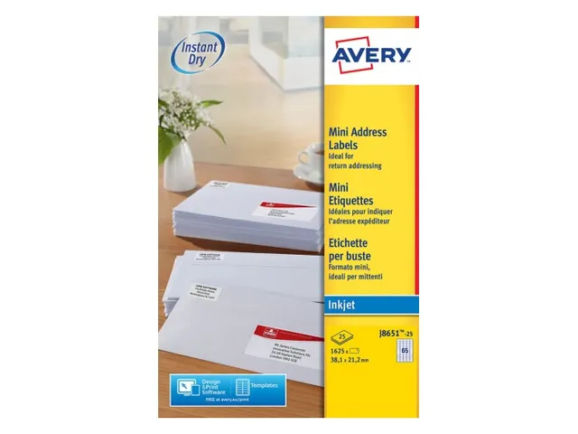 Etiket Avery J8651-25 38.1x21.2mm Inkjet wit 1625 stuks