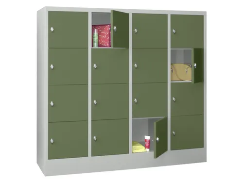 lockerkast,HxBxD 1518x1600x500mm,4x4vakken,RAL7035,front RAL6011