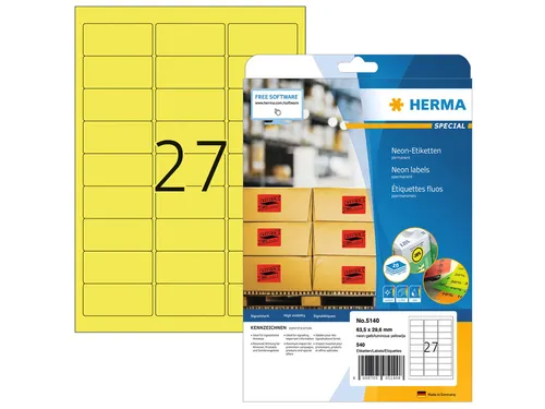 HERMA 5140 Gekleurde etiketten A4 63,5x29,6mm Neon Geel 540 stuks