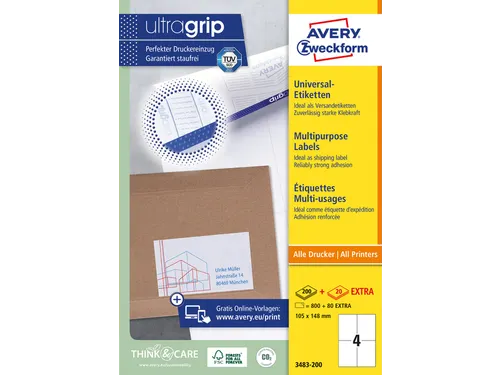 Etiket Avery Zweckform 3483-200 105x148mm A6 wit 800stuks