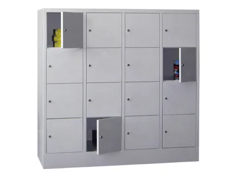 lockerkast,HxBxD 1518x1600x500mm,4x4vakken,RAL7035,front RAL6011