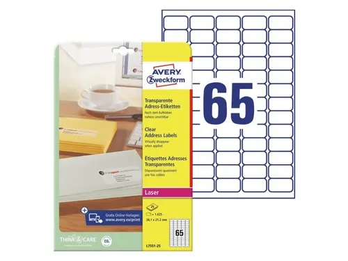 Mini etiket Avery Zweckform 38.1x21.2mm Transparant 1625 stuks