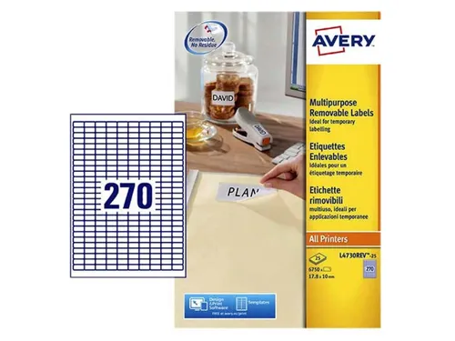 Etiket Avery L4730 Rev-25 17.8x10mm Afneembaar Wit 6750 Stuks