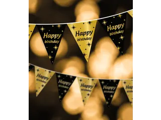 Slinger Folie vlaggen Party Flag Foil 'Happy Birthday' Goud-Zwart 10m - 3