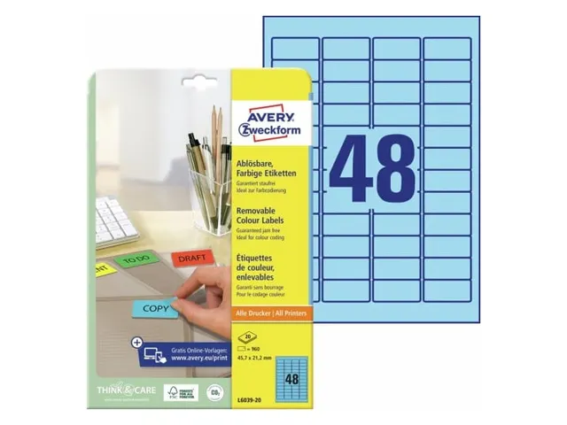 Etiket Avery Ilk 45.7x21.2mm 20 Vel 48 Etiketten Per Vel Blauw