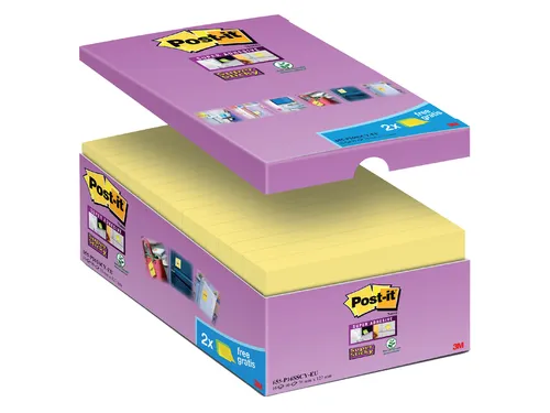 Memoblok 3M Post-it 655 Super Sticky 76x127mm geel 14+2 gratis