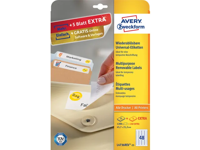 Etiket Avery L4736Rev-25 45.7X21.2Mm Afneembaar Wit 1200 Stuk