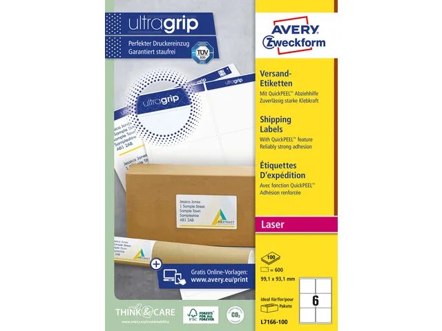 Verzendetiket Avery QuickPeel L7166-100 99.1x93.1mm Wit 600 Stuks