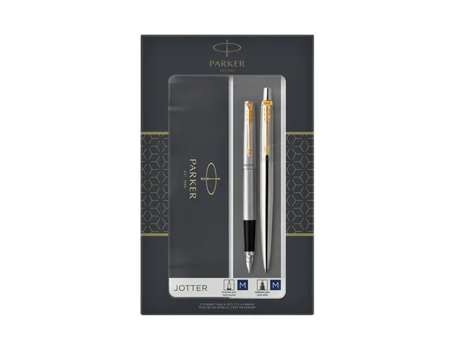 Balpen en vulpen Parker Jotter stainless steel GT medium 2 stuks