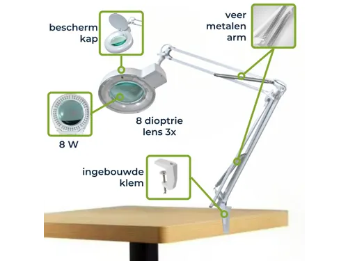 LED Loeplamp Met Vergrootglas 8 Dioptrie 8W 60 LED's wit