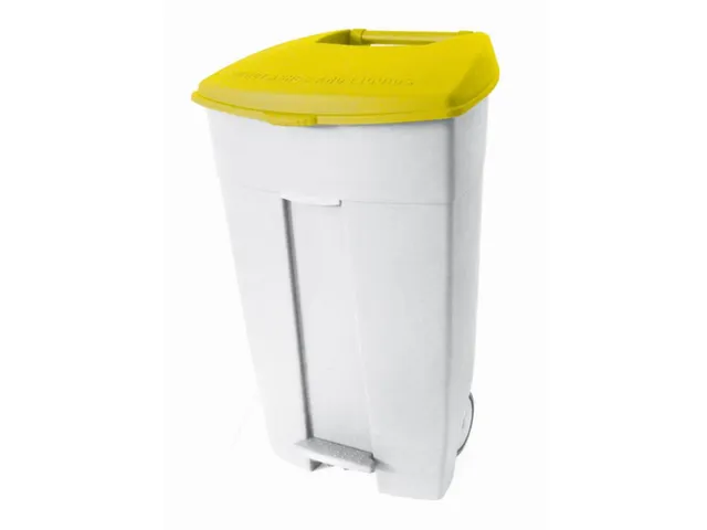 afvalbak,1x120l,HxBxD 890x560x480mm,romp PE wit,deksel PE geel,2wielen