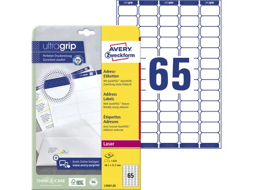 laseretiket Avery 38,1x21,2mm wit 25 vel 65 etiketten per vel