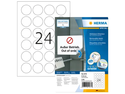HERMA 4476 Verwijderbare etiketten A4 Rond 40mm Wit 2400 stuks