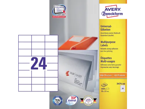 Etiket Avery Zweckform 3474-200 70x37mm wit 4800stuks