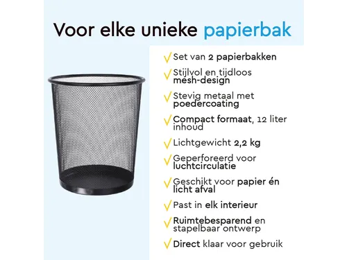 BRASQ Papierbak 12 liter Zwart Rond Set van 2 WBBRO2