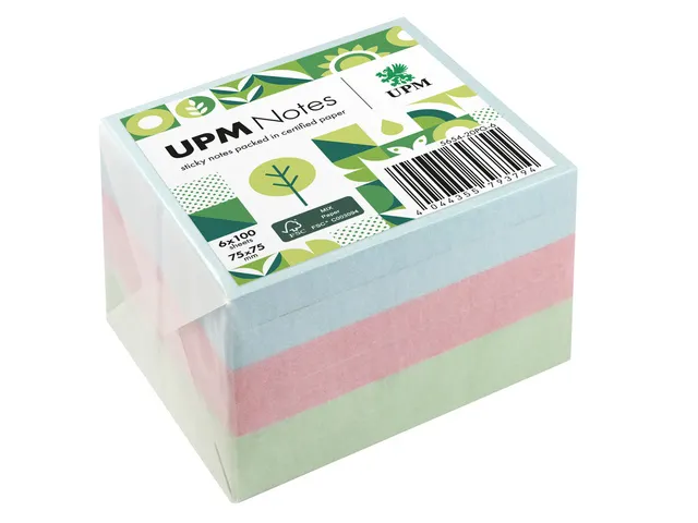 UPM notes 75x75 pastel assorti pak 6x 100 vel blauw, groen, roze