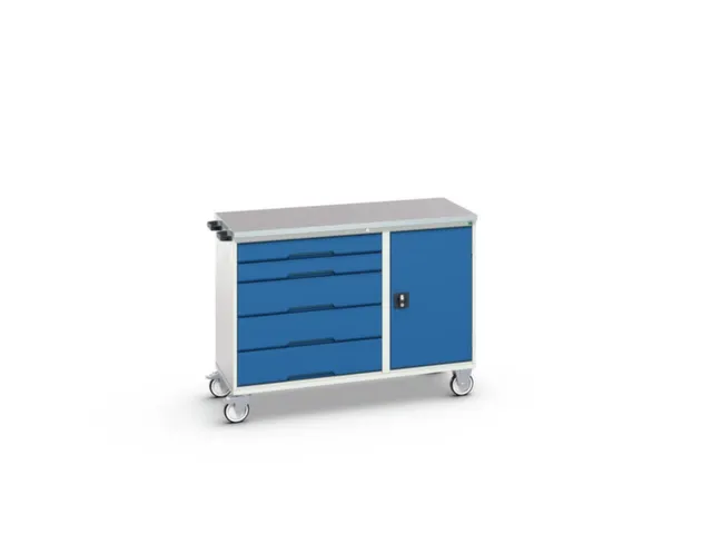 montagetafel 980x1300x600mm linoleumblad 5 laden kast front RAL5010