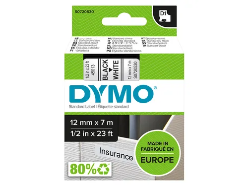 Labeltape Dymo 45013 D1 720530 12mmx7m zwart op wit