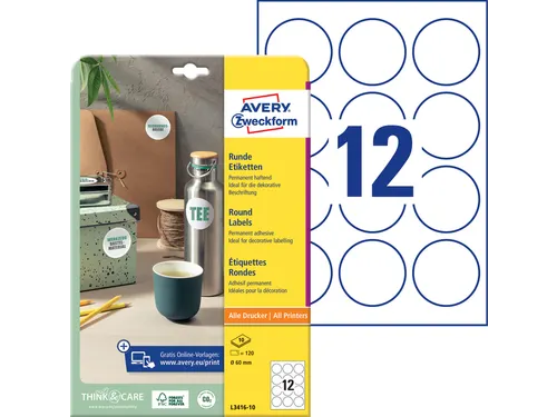 Etiket Avery L3416-10 rond 60mm wit 120stuks