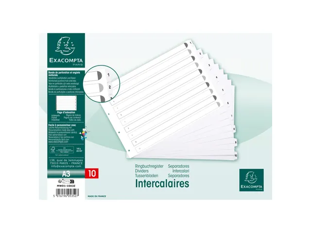 Bedrukte Tabbladen Karton Geplastificeerde Tabs 10 Tabs 1-10 A3 Wit