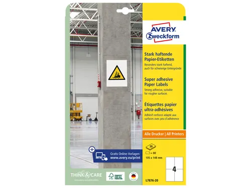 Avery Zweckform L7876 Sterk klevende etiketten A4 105x148mm 80 stuks