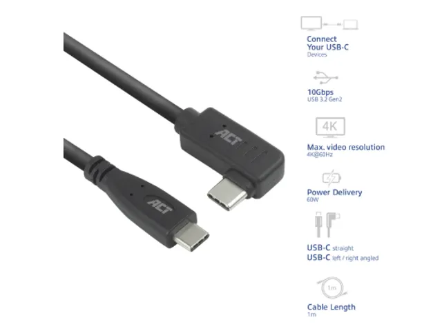 Kabel ACT USB-C standaard naar USB-C hoek 10Gbps 1m