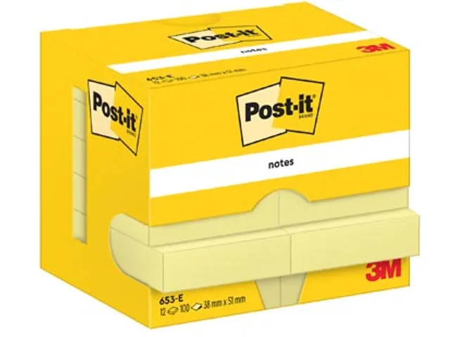 Post-It Notes, 100 feuilles, ft 38 x 51 mm, jaune, paquet de 12 blocs