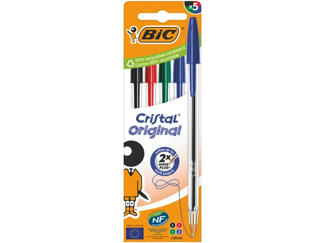 Balpen Bic Cristal medium assorti blister à 5 stuks