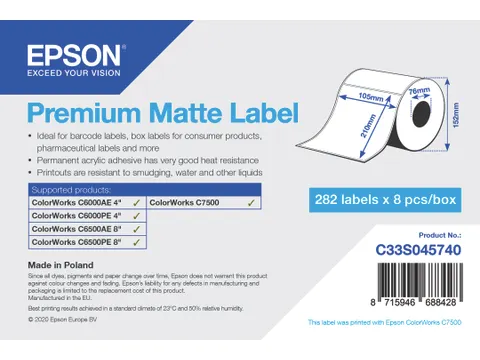 Premium Matte Label - Die-Cut Roll: 105mm x 210mm, 282 labels