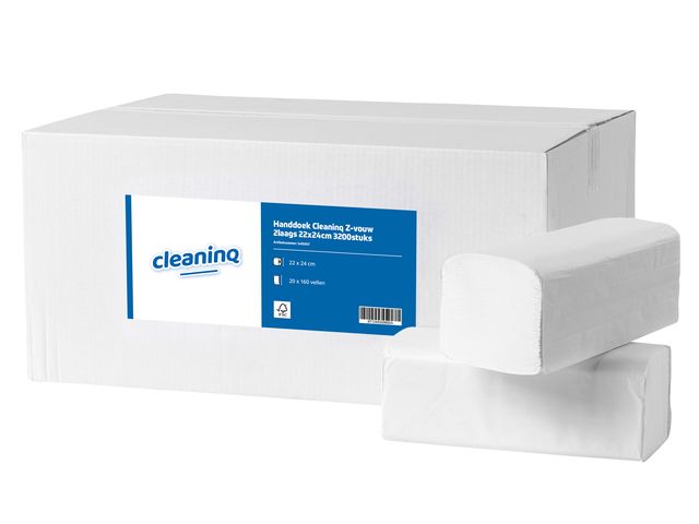 Handdoek Cleaninq Z-vouw 2laags 22x24cm 3200stuks | HanddoekDispensers.be