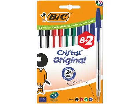 Balpen Bic Cristal medium assorti blister à 8+2 gratis