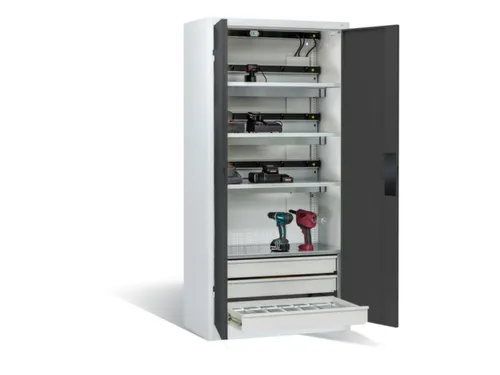 acculaadkast 1950x930x500mm 15stekkerdozen 230V ventilator fr. RAL7016