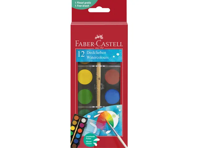 Waterverfdoos Faber-Castell 12 kleuren (diameter 24mm) incl. penseel