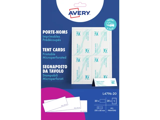 Tafelnaambord Avery L4796-20 210x60mm wit 20 stuks