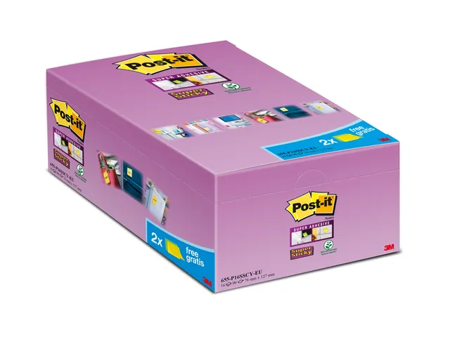 Memoblok 3M Post-it 655 Super Sticky 76x127mm geel 14+2 gratis