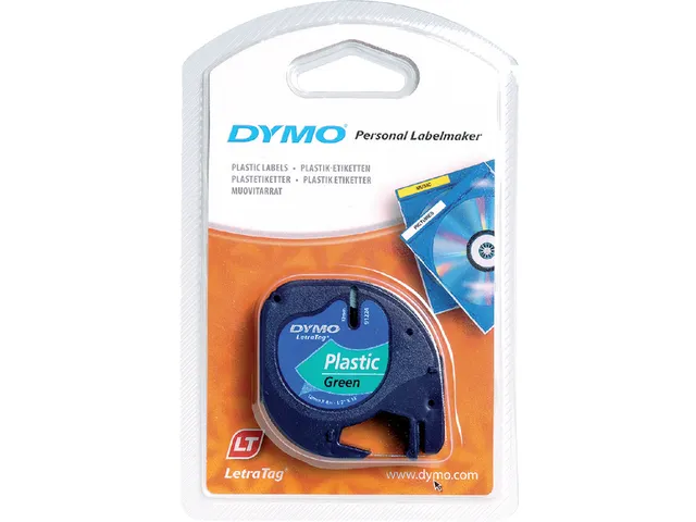Ruban Dymo Letratag 91204 plastique 12mm noir sur vert