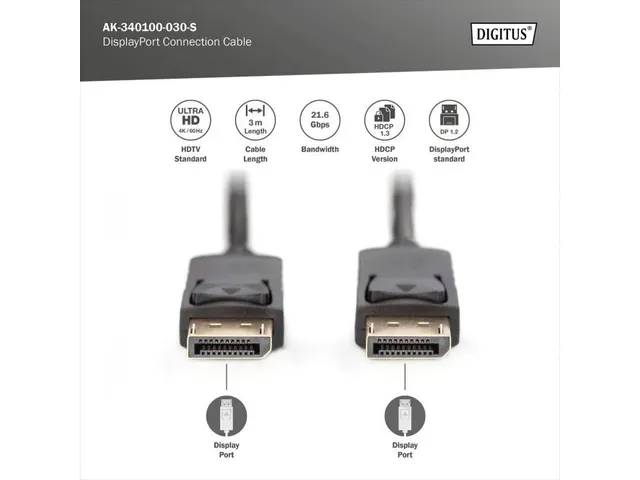 DisplayPort-aansluitkabel type DP M/M 3m UHD 4K DP 1.2 Zwart