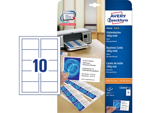 Visitekaart Avery Zweckform C32010-25 85x54mm 185gr 250 stuks
