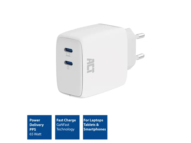 Oplader ACT 65w 2-poorts usb c wit
