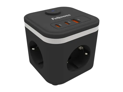 Stekkerblok Fellowes Power Cube F 3-voudig 1xUSB-A 2xUSB-C 2m zwart