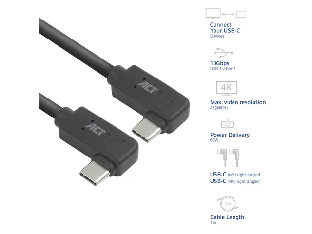Kabel ACT USB-C hoek links/rechts 10Gbps 1m