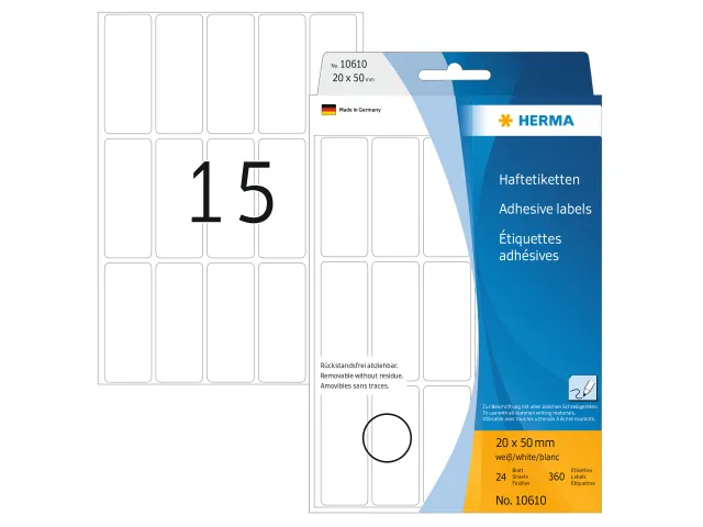 HERMA 10610 Verwijderbare universele etiketten 20x50mm Wit 360 stuks